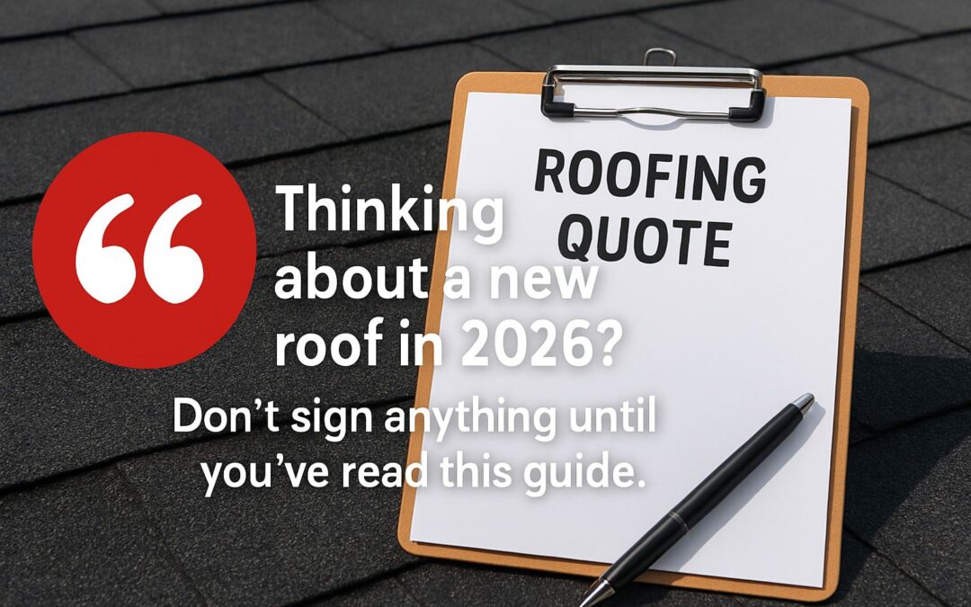 Clipboard on dark gray roof shingles with a white sheet reading ROOFING QUOTE and a black pen, accented by a large red quotation mark graphic on the left.